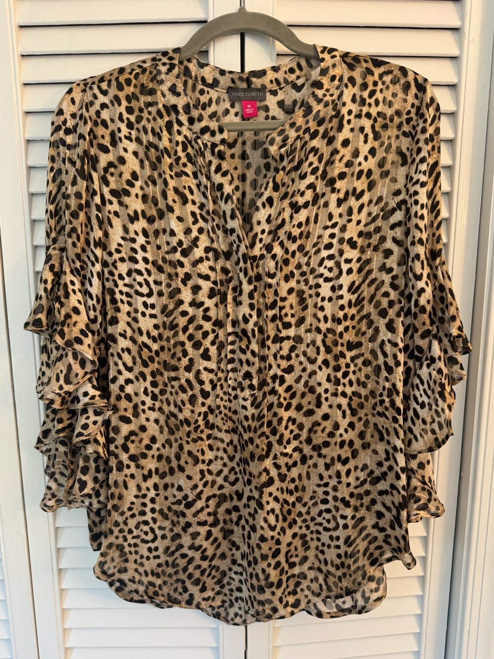 Vince Camuto Leopard Print Ruffle Sleeve Blouse - Tan & Black
